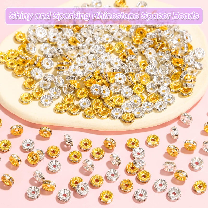 shynek Rondelle Spacer Beads for Jewelry Making  600 Pieces Rhinestone Spacer Beads Crystal Bead Spacers for Bracelets  Focal Beads for Pens(Silver and Gold) - Image 2